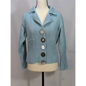 Pure Handknit Cropped Cotton Cardigan Sweater Blue Chunky Buttons Size S M